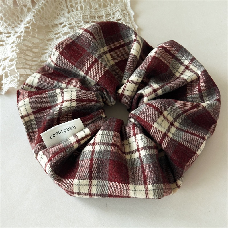 Women's Retro Dark Plaid Hair Ties Preppy Frayed Cloth Elastic Hair Bands
