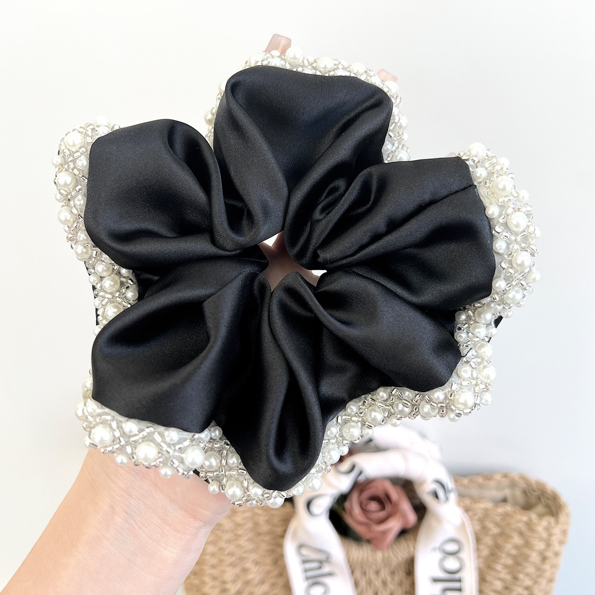 Women Elegant Satin Hair Tie Vintage Pearl Crystal Edge Pleated Scrunchie