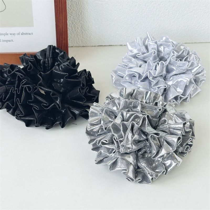 Women's Elegant Satin Pleated Hair Tie Silver Embroidered Flower