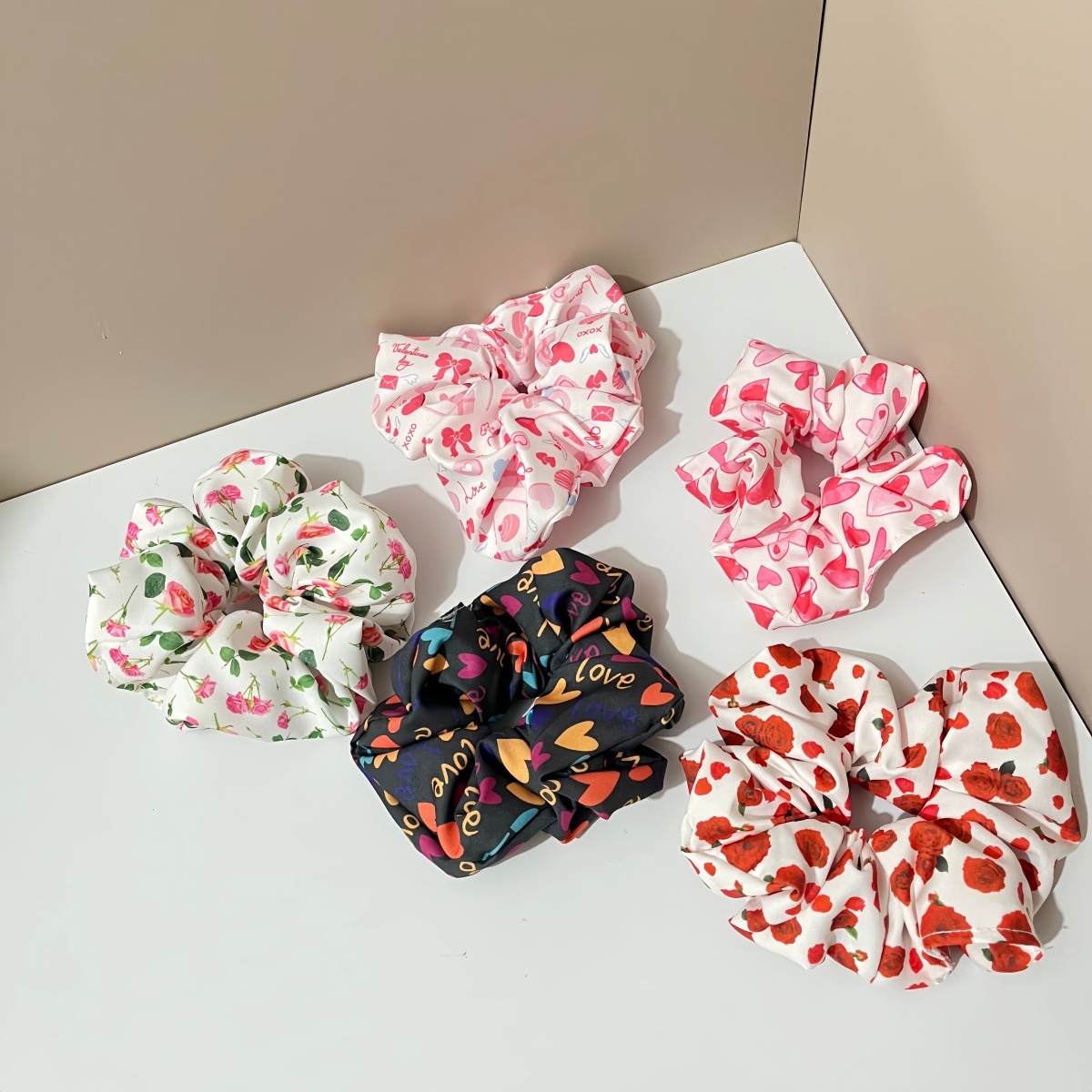 Ladies Fabric Big Bowknot Hair Tie Valentine Rose Heart Floral Print