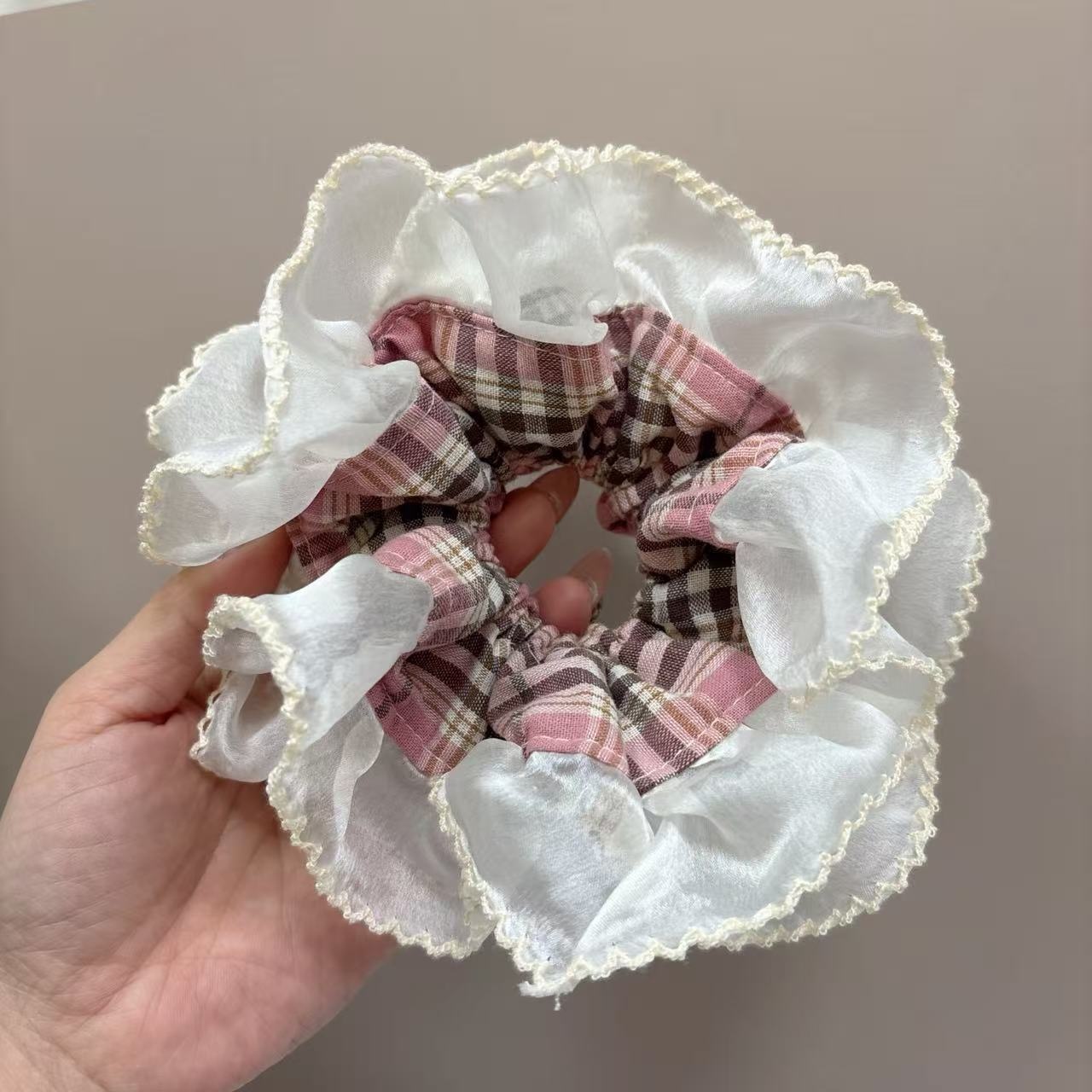 Women's Comfortable Cloth Hair Tie For Daily Wear Pink Plaid Lace