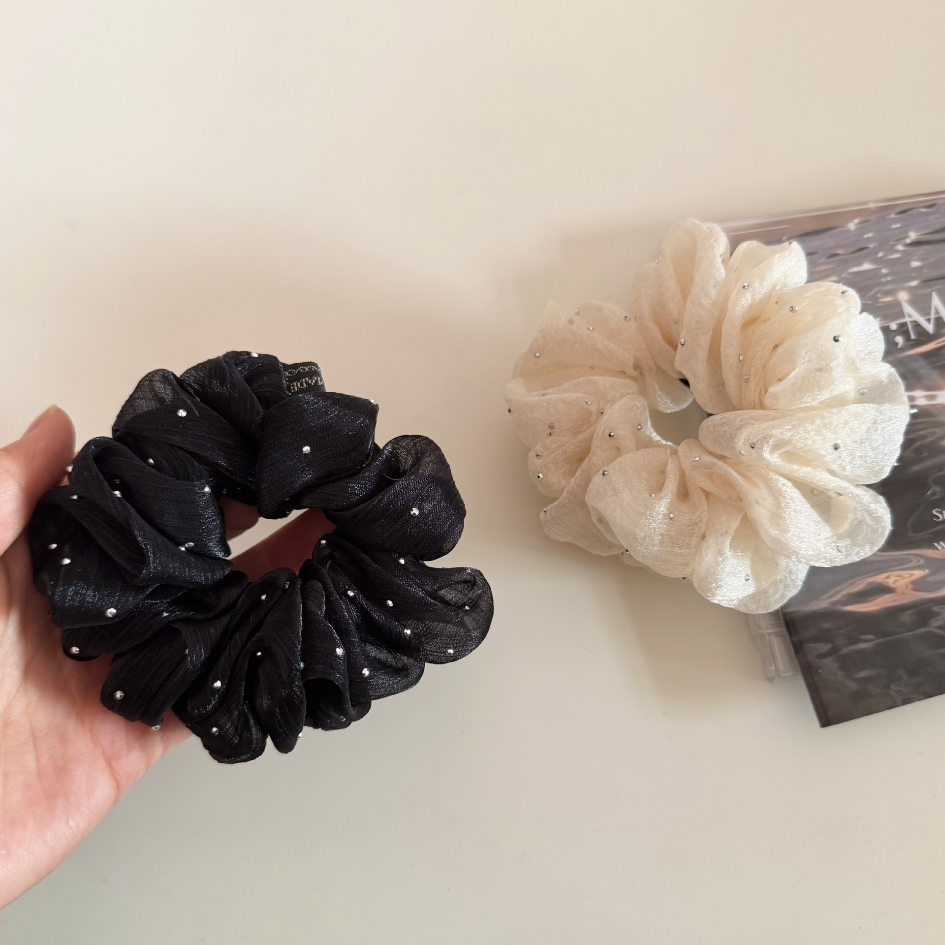 Women's Simple Rhinestone Gauze Hair Tie Sparkly Apricot