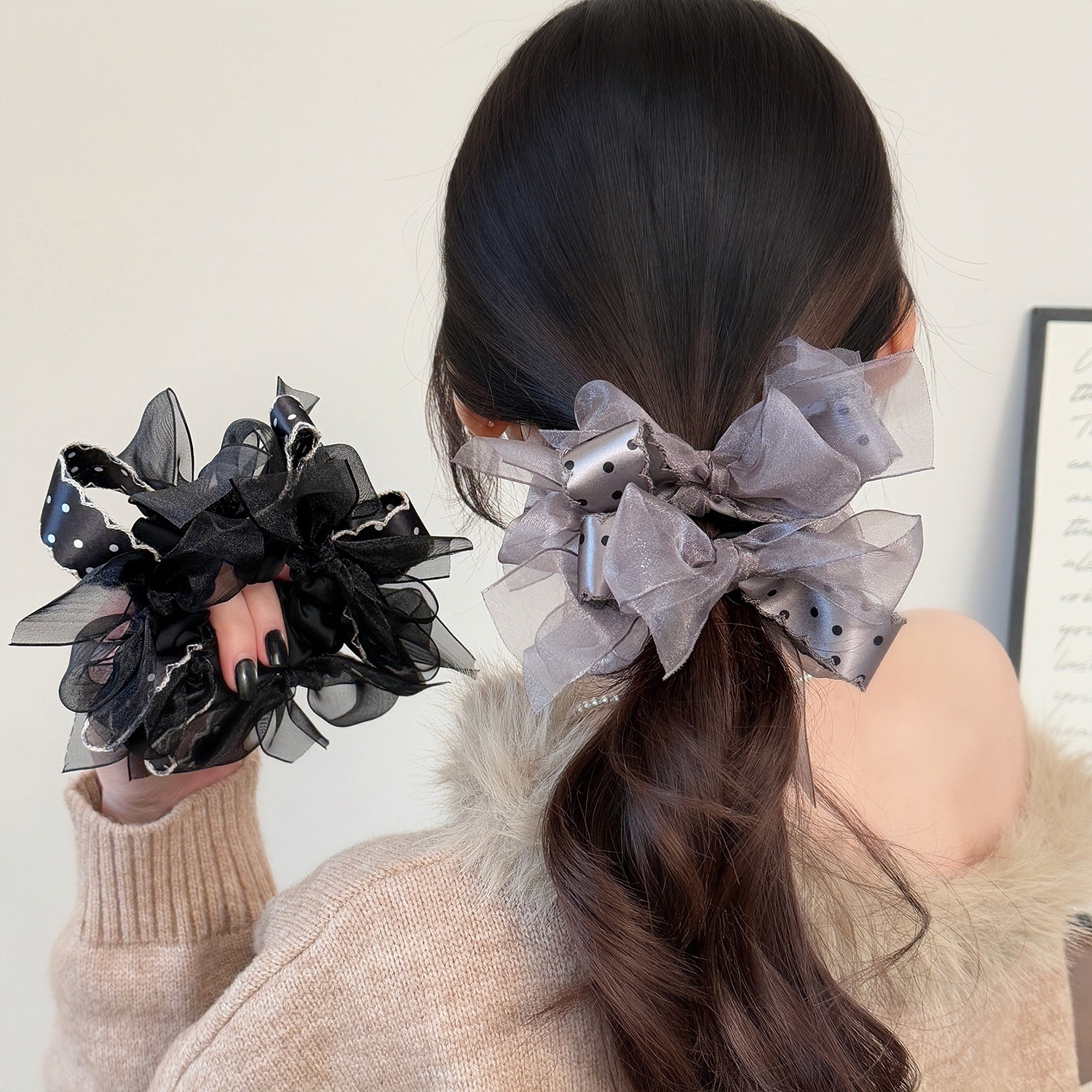Women's Valentine Cloth Ribbon Bow Lazy Hair Tie Polka Dot Black Purple