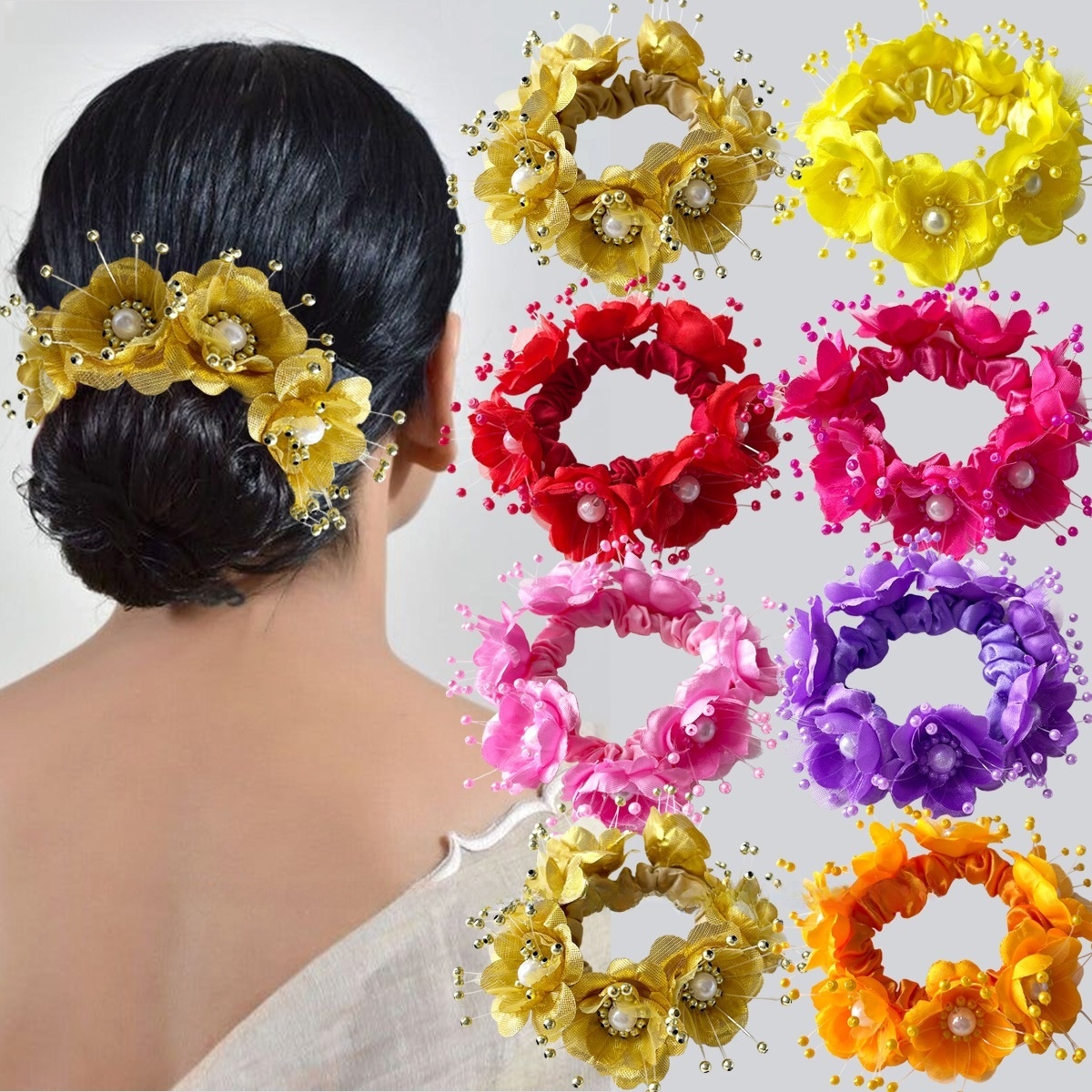 Women's Pearl Organza Vacation Bridal Hair Tie Colorful Floral
