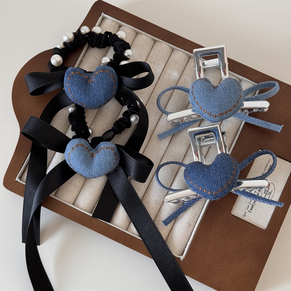Women's Retro Denim Hair Tie Summer Accessory Pearl Heart Bow Knot