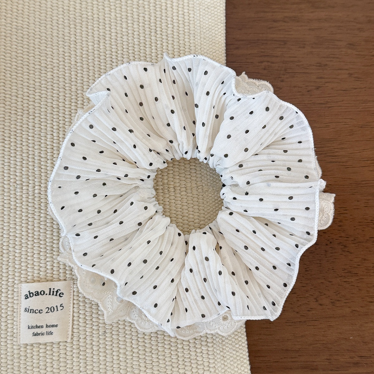 Women's Lace Scrunchie Hair Tie For Elegant Looks Black White Polka Dots