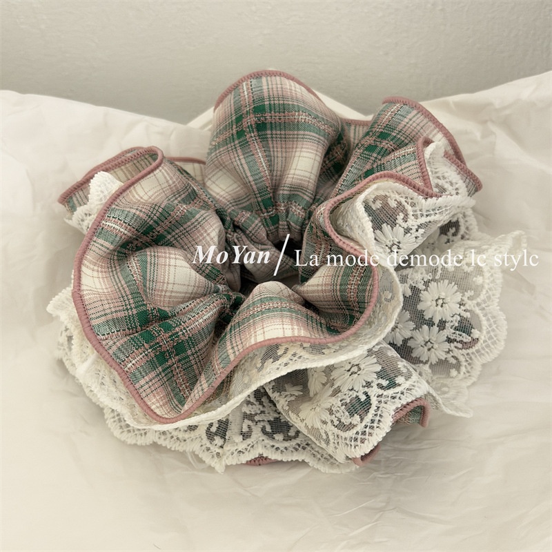 Women's Spring Cloth Hair Scrunchies Sweet Pink Checkered Plaid Lace