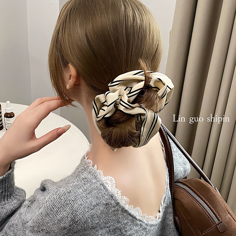 Women's All-Season Soft Satin Pearl Hair Tie Striped Beige Black