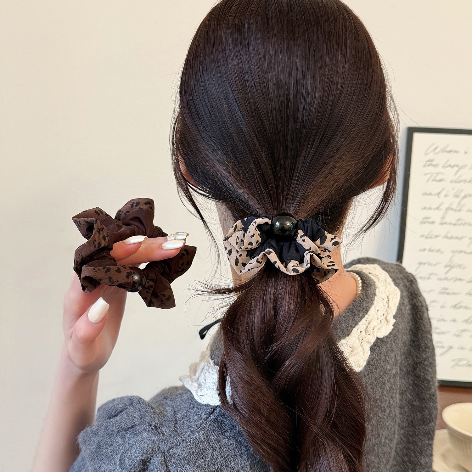 Women's Everyday Soft Cloth Hair Tie Scrunchie Coffee Leopard Print