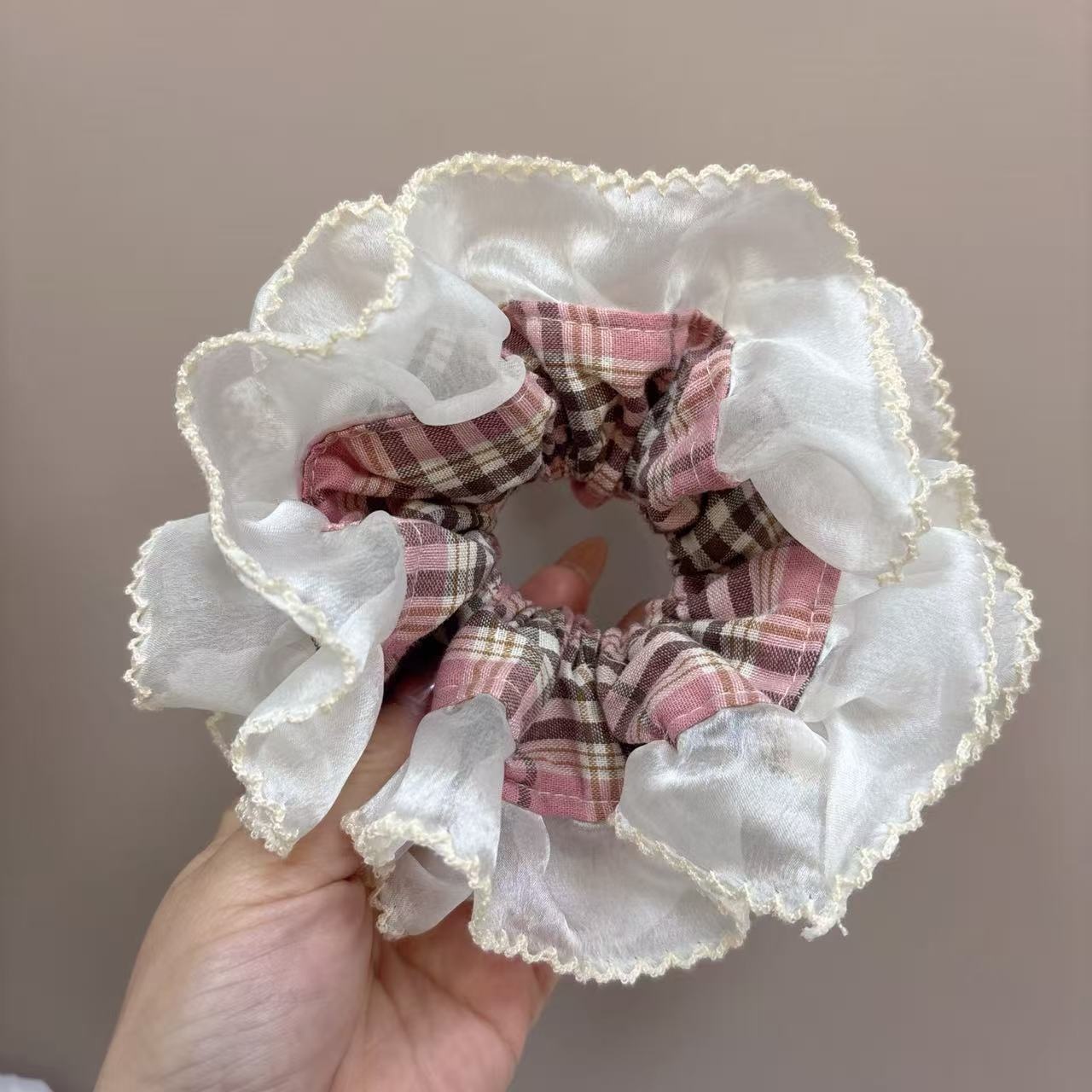 Women's Comfortable Cloth Hair Tie For Daily Wear Pink Plaid Lace