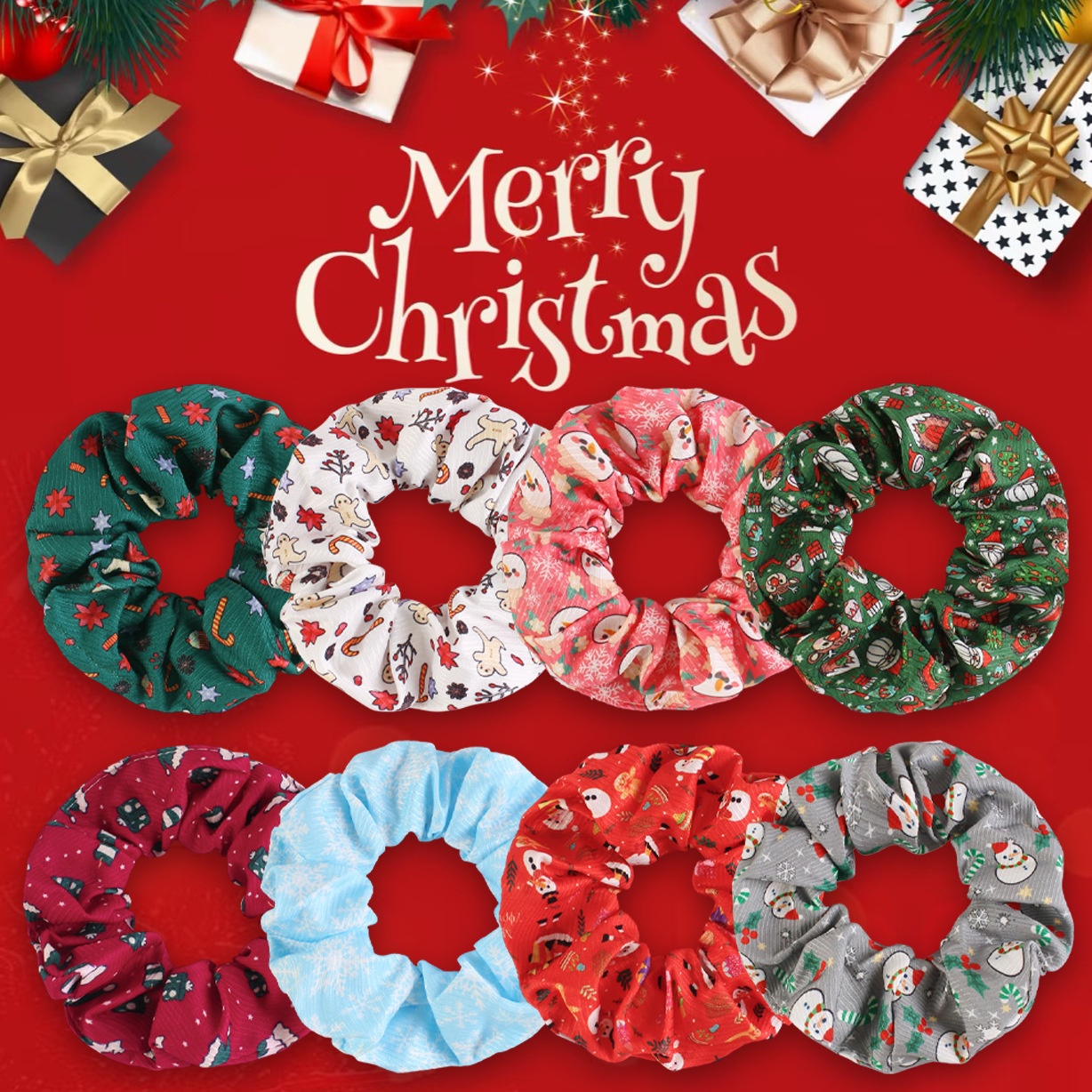 Women's Christmas Party Fabric Bow Hair Tie Reindeer Snowman Pattern