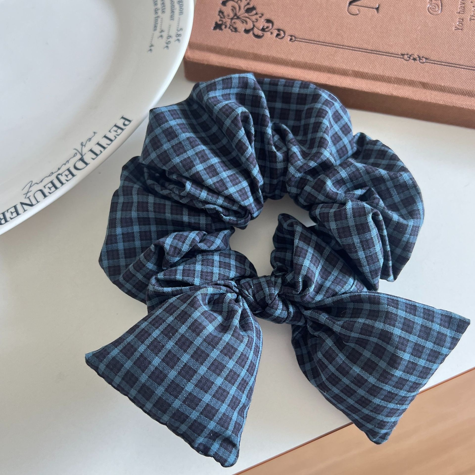 Women's Ruffled Fabric Low Ponytail Hair Tie Scrunchie Retro Plaid