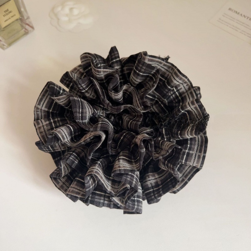 Women's Autumn Preppy Cloth Hair Tie Rubber Band Black Wine Red Plaid