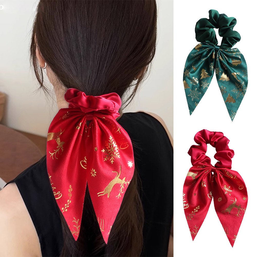 Women's Cloth Bowknot Ribbon Scrunchie Ponytail Tie Festive Christmas