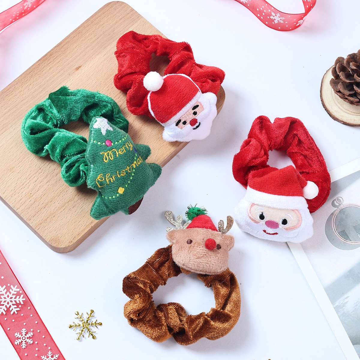 Women Cute Christmas Deer Plush Hair Ties High Elasticity Festive Fabric Hair Bands