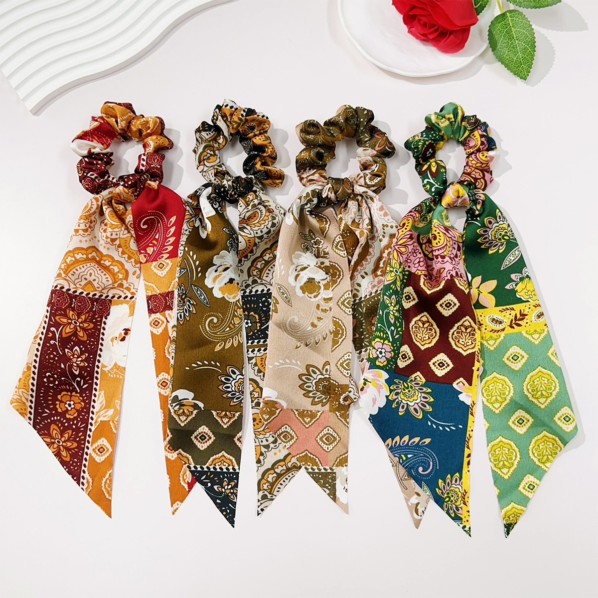 Women's Retro Cloth Large Bow Ponytail Hair Ties Ditsy Floral Spot