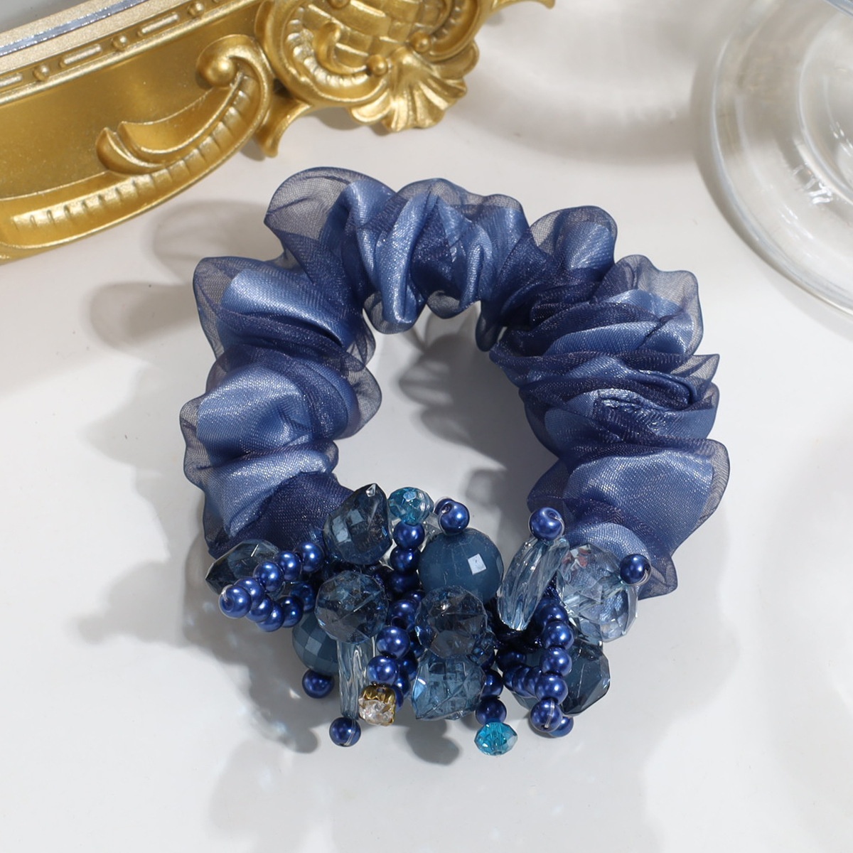 Women's Elegant Organza Hair Tie With Pearl Rhinestone Flower Tassel