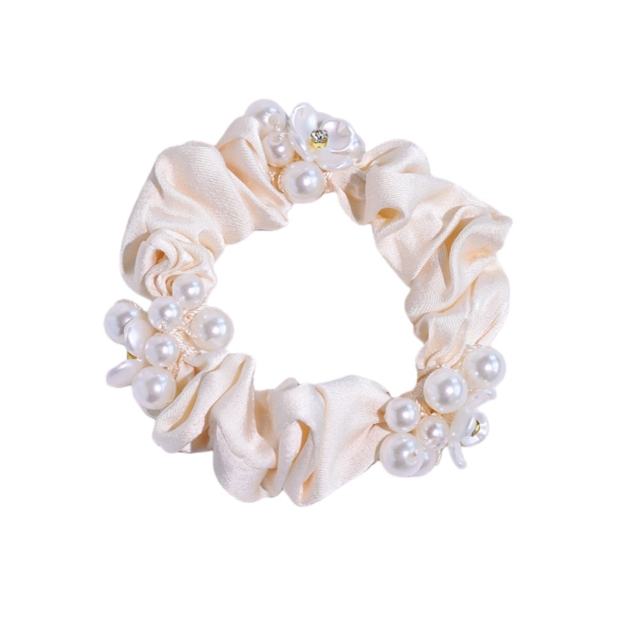 Women's French Satin Crystal Low Bun Hair Tie Rose Floral Beige Black