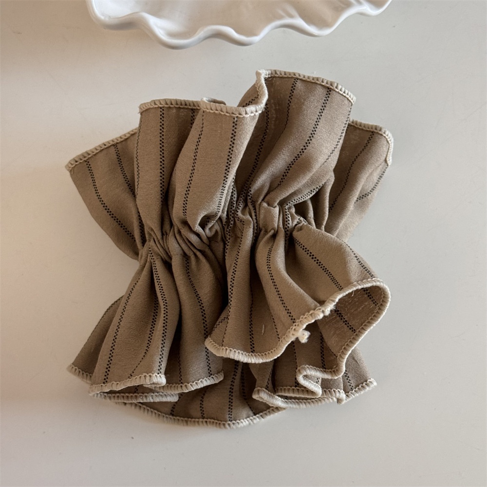 Women Elegant Low Bun Hair Scrunchie Elastic Striped Cloth Coffee Beige