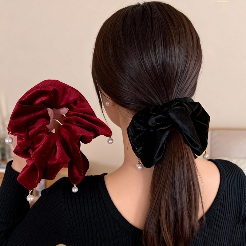 Women Pearl Velvet Scarf Hair Tie Braid Accessory Solid Color