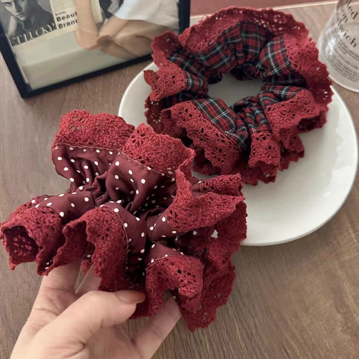 Women's Sweet New Year Cloth Hair Tie Red Polka Dots Lace