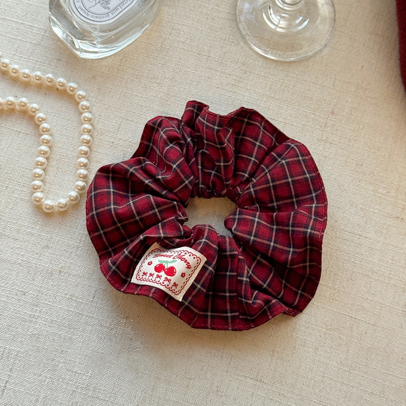 Women's High Elastic Cloth Bun Hair Scrunchie Red Plaid Polka Dot