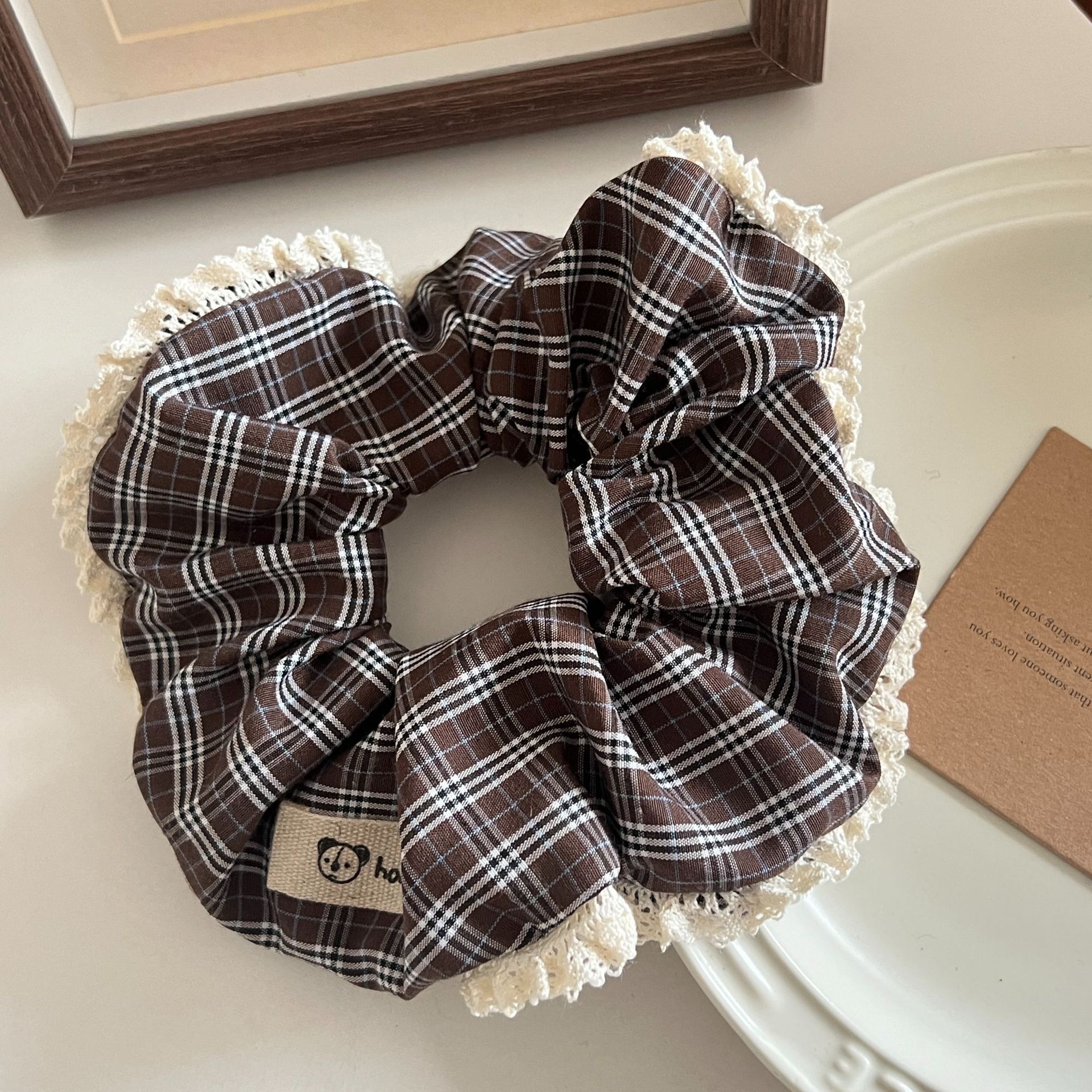 Women's Vintage Forest Lace Bun Scrunchie Hair Tie Coffee Plaid Cloth