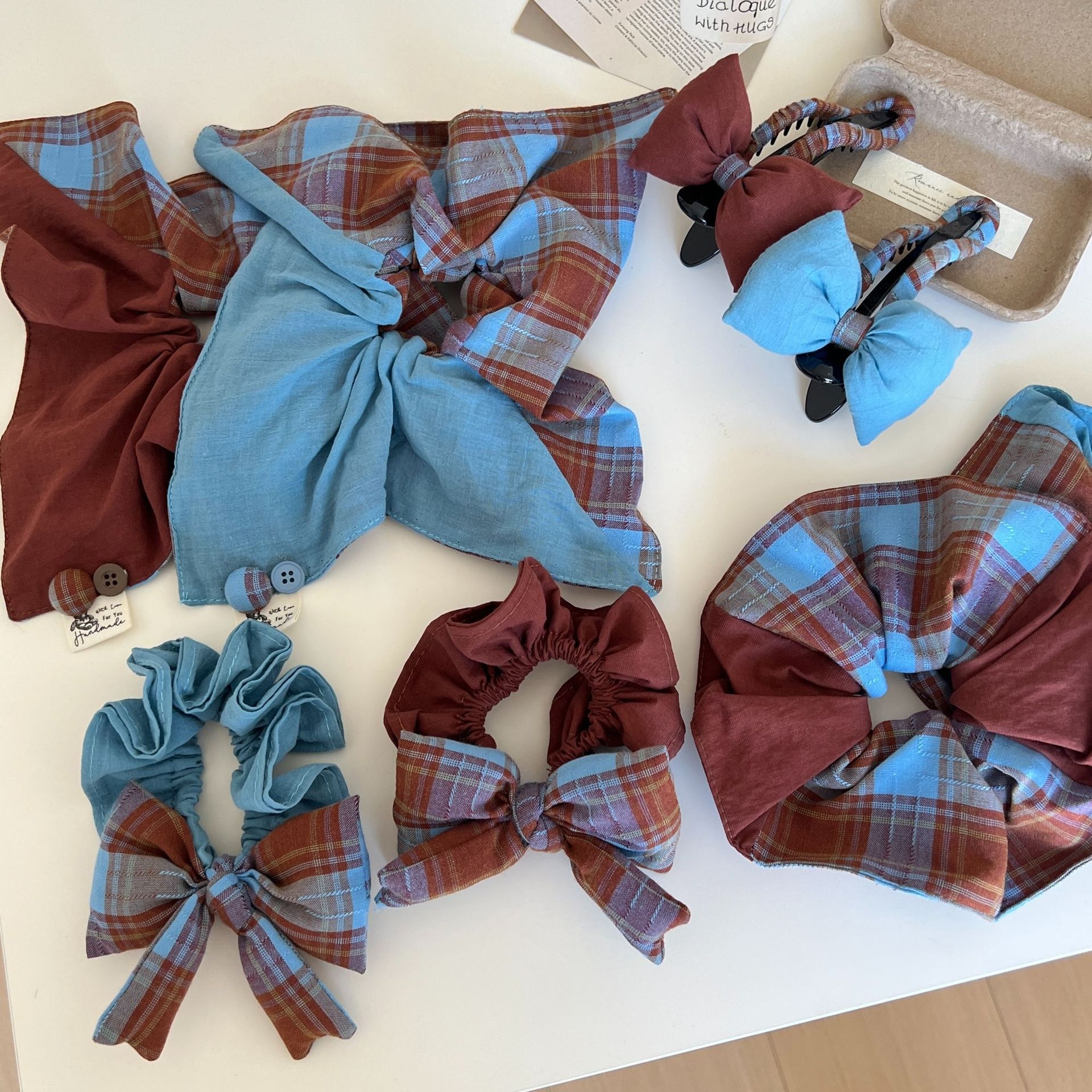 Women Girls Cloth Scarf Ponytail Hair Tie Blue Red Plaid Lattice