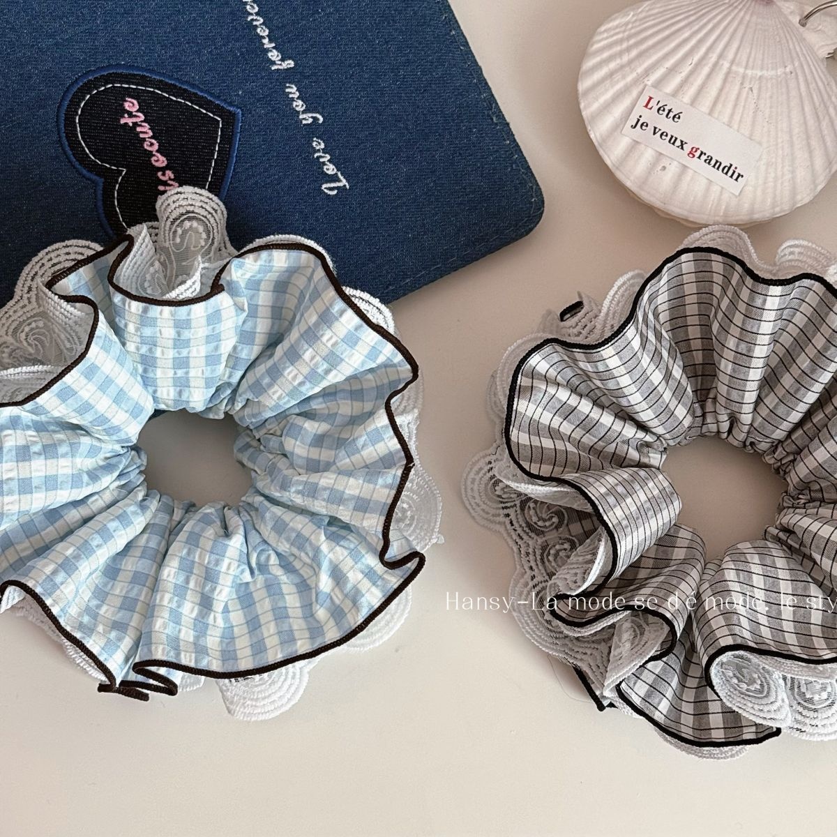 Women's Spring Retro Cloth Hair Tie Scrunchie Blue Black Plaid