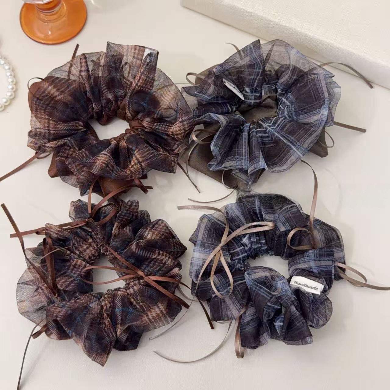 Women's Preppy Organza Bowknot Scrunchie Coffee Plaid Hair Tie