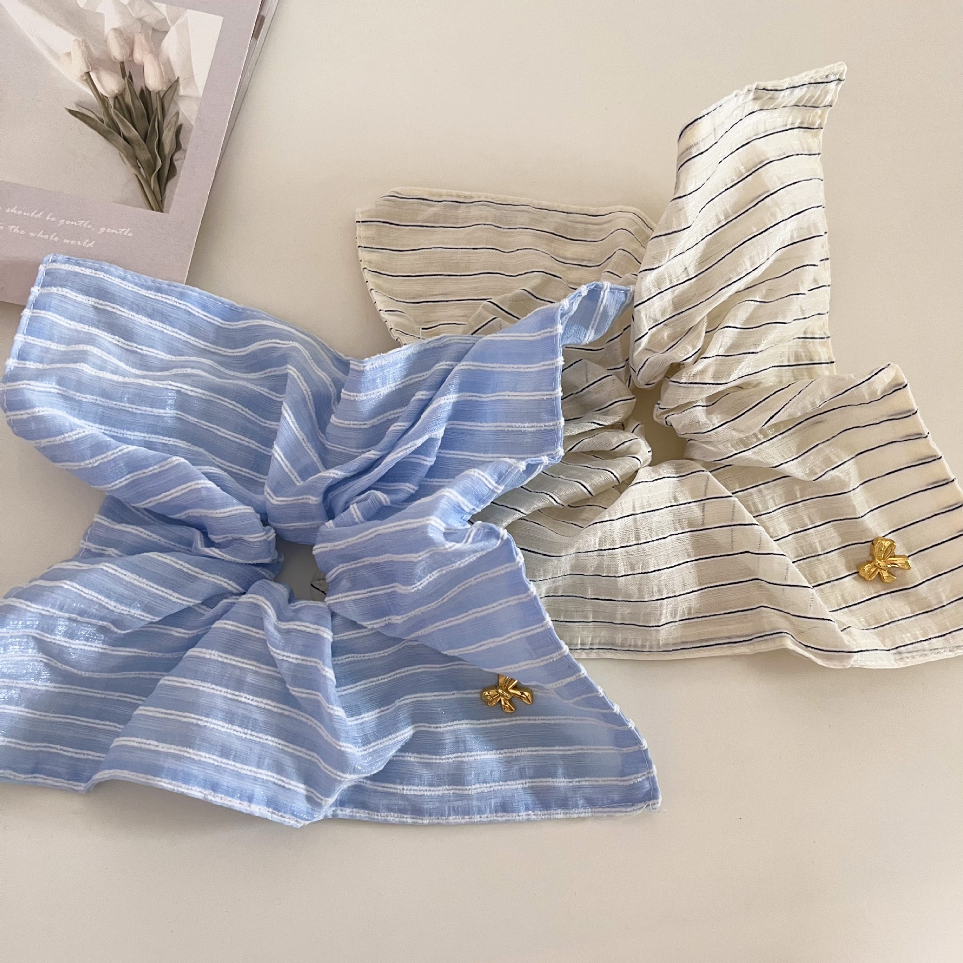 Women's Gentle Cloth Bow Hair Tie Scrunchie Blue Beige Striped Dot