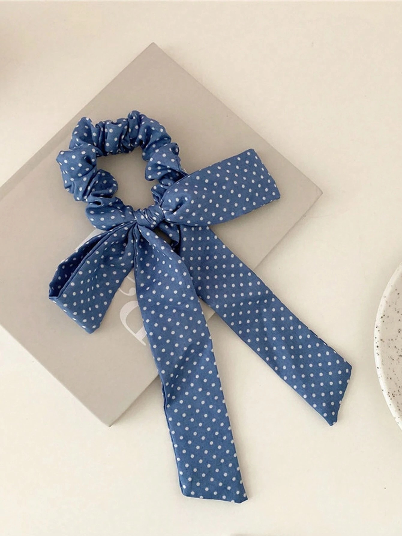 Women Girls French Polka Dot Bow Hair Scarf Fabric Ponytail Holder Tie