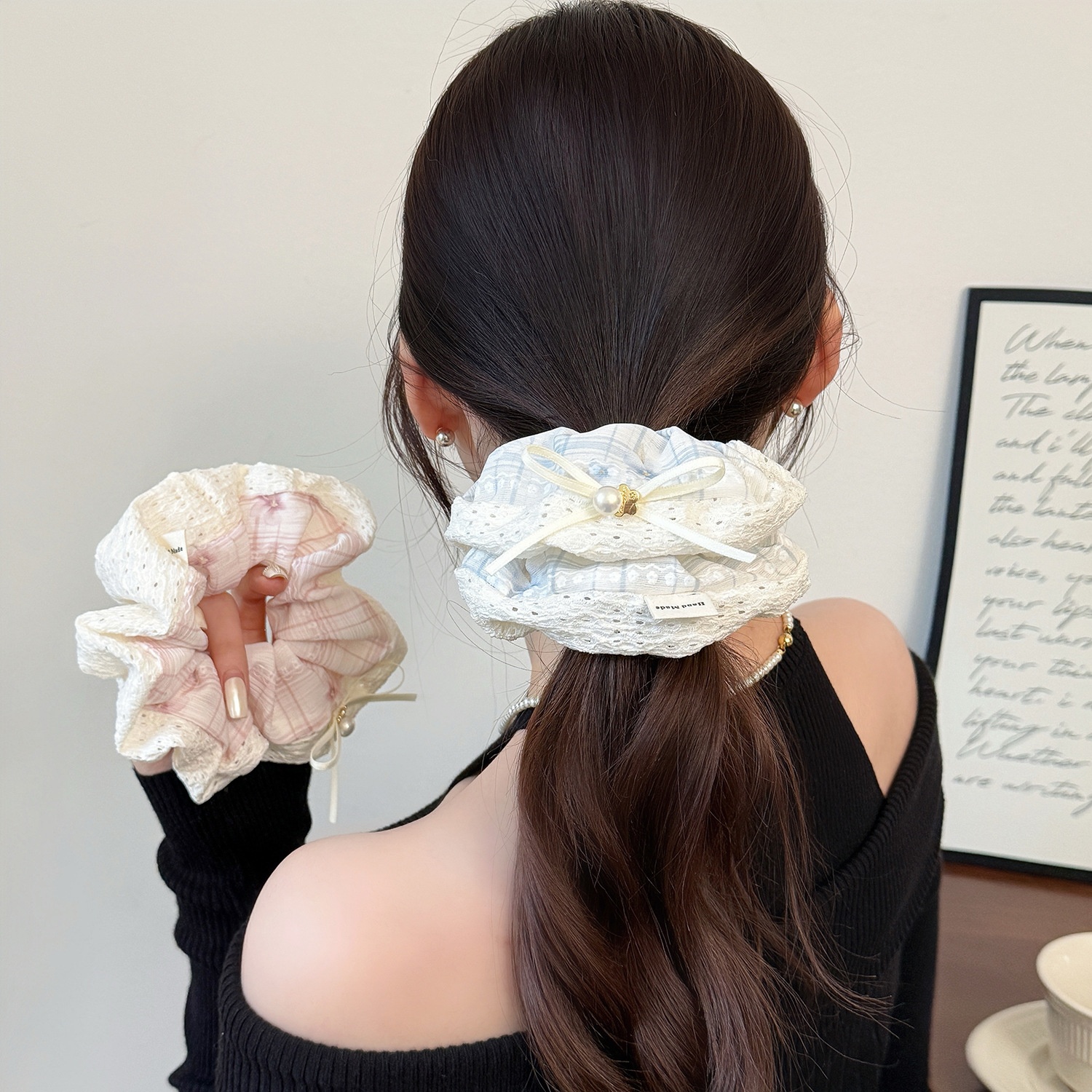 Women's Sweet Spring Summer Lace Bow Cloth Hair Tie Pink Blue Plaid