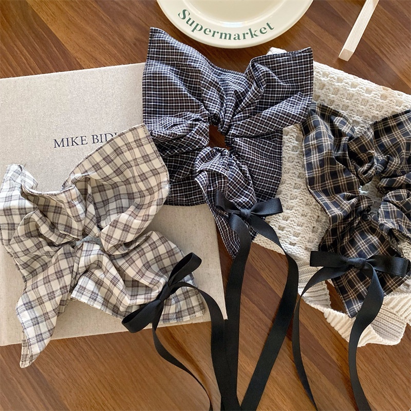 Women's Cloth Bowknot Telephone Cord Hair Tie For Spring Black Plaid