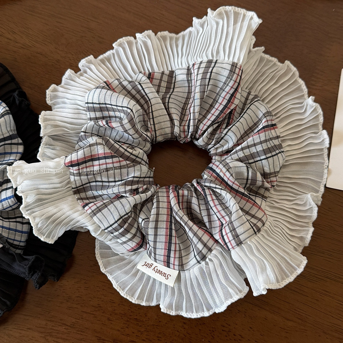 Women Cloth Scrunchies Elastic Hair Tie Black White Plaid Checkered Design