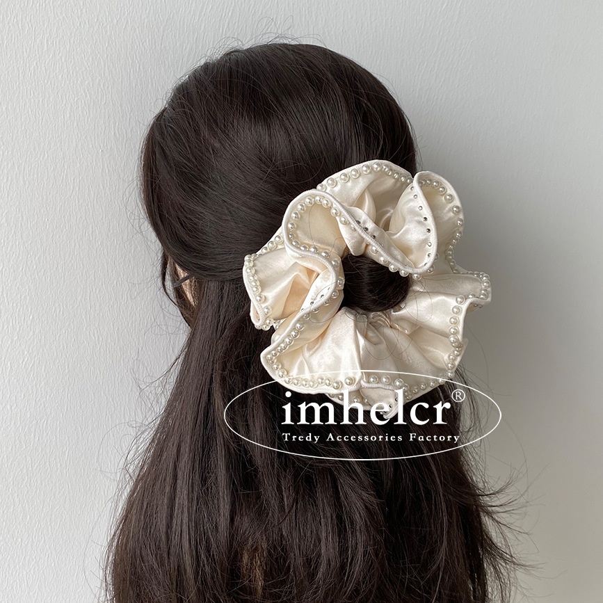 Women's French Satin Pearl Beaded Elastic Scrunchie Solid Color