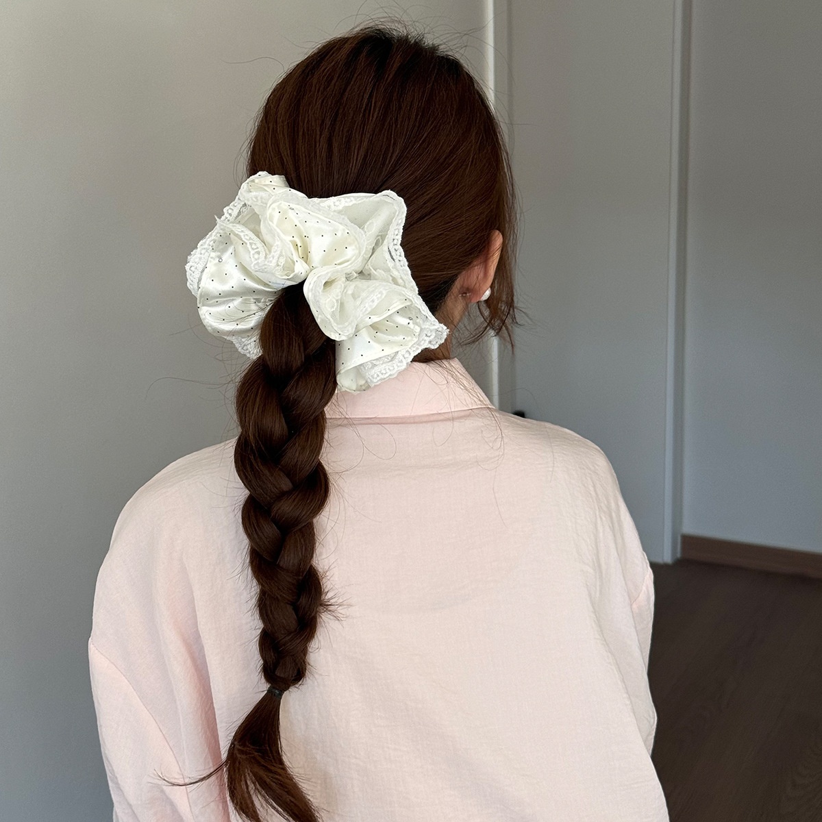 Women's Sweet Spring Satin Lace Hair Tie Scrunchie Beige Polka Dots