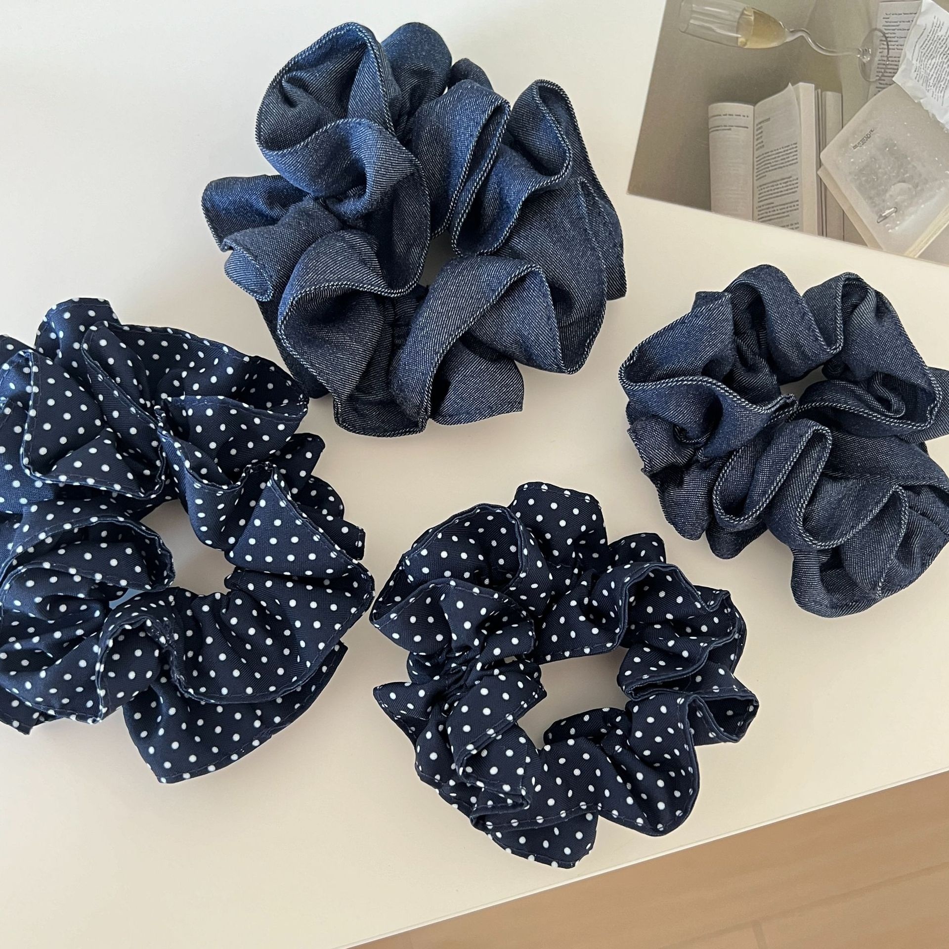 Women's Vintage Fabric Scrunchie Hair Tie for Daily Wear Navy Blue Polka Dot
