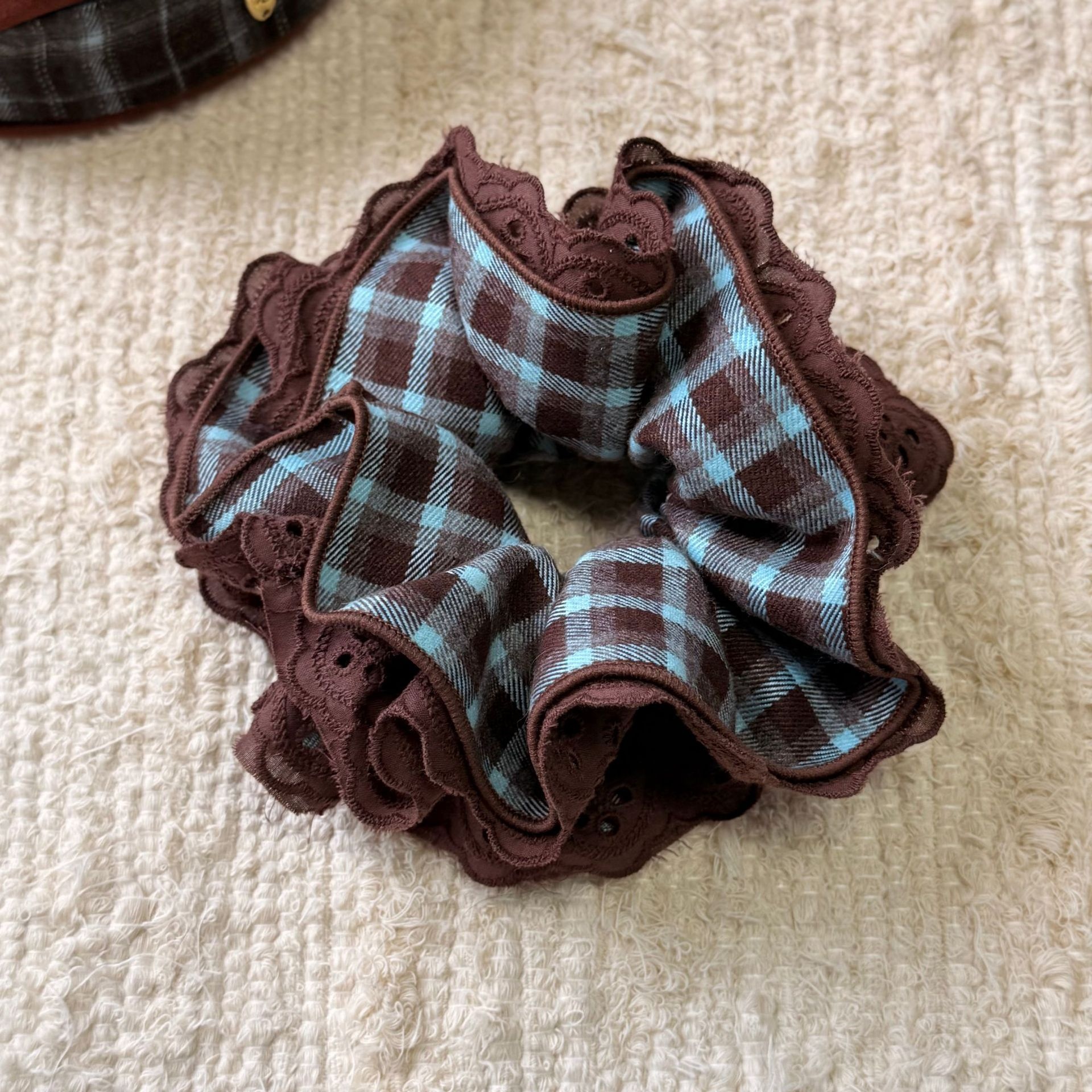 Women's Vintage Blue Plaid Hair Bands High Elasticity Fairy Style Cloth Ties