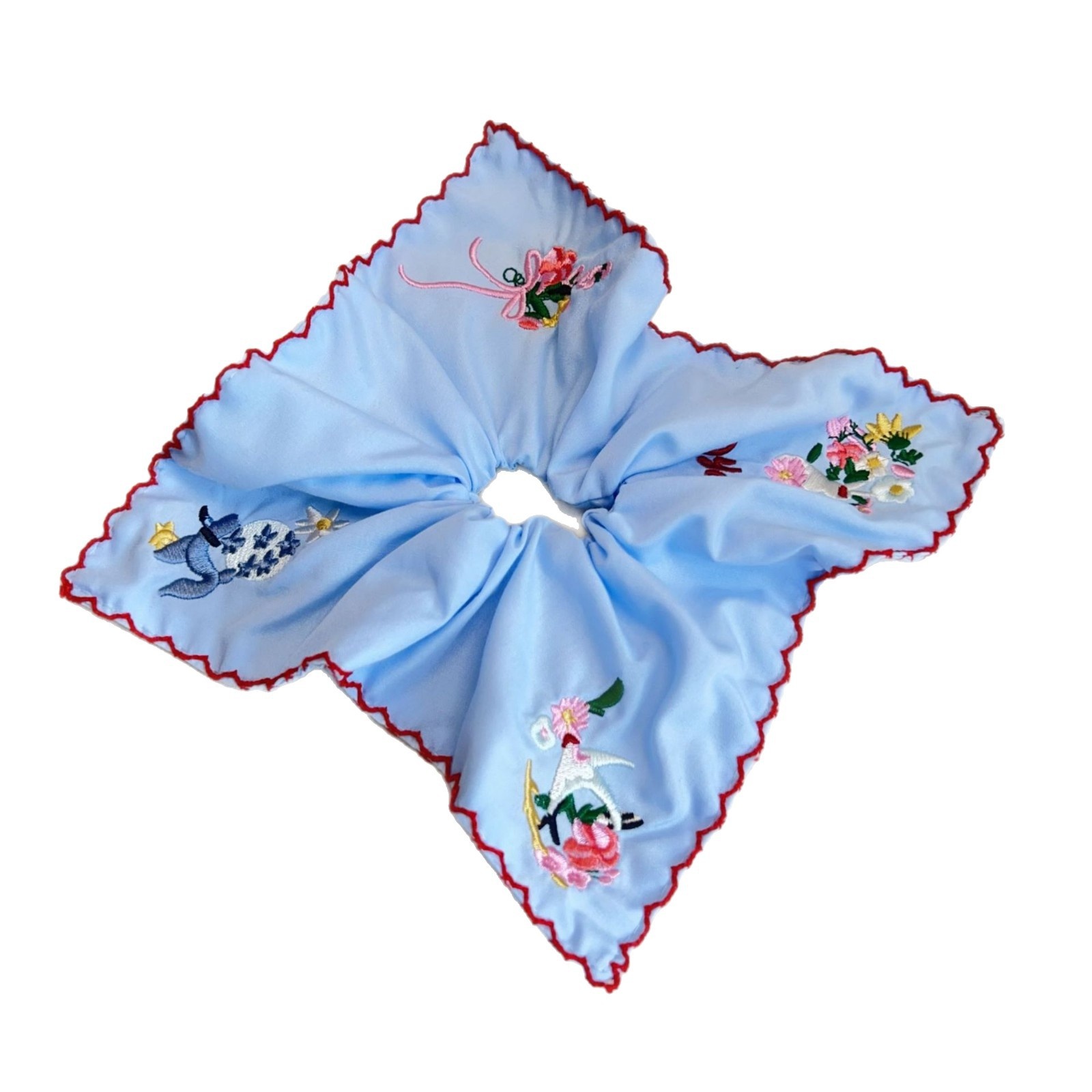 Women's Everyday Cloth Scrunchie Hair Tie Blue Embroidered Rabbit