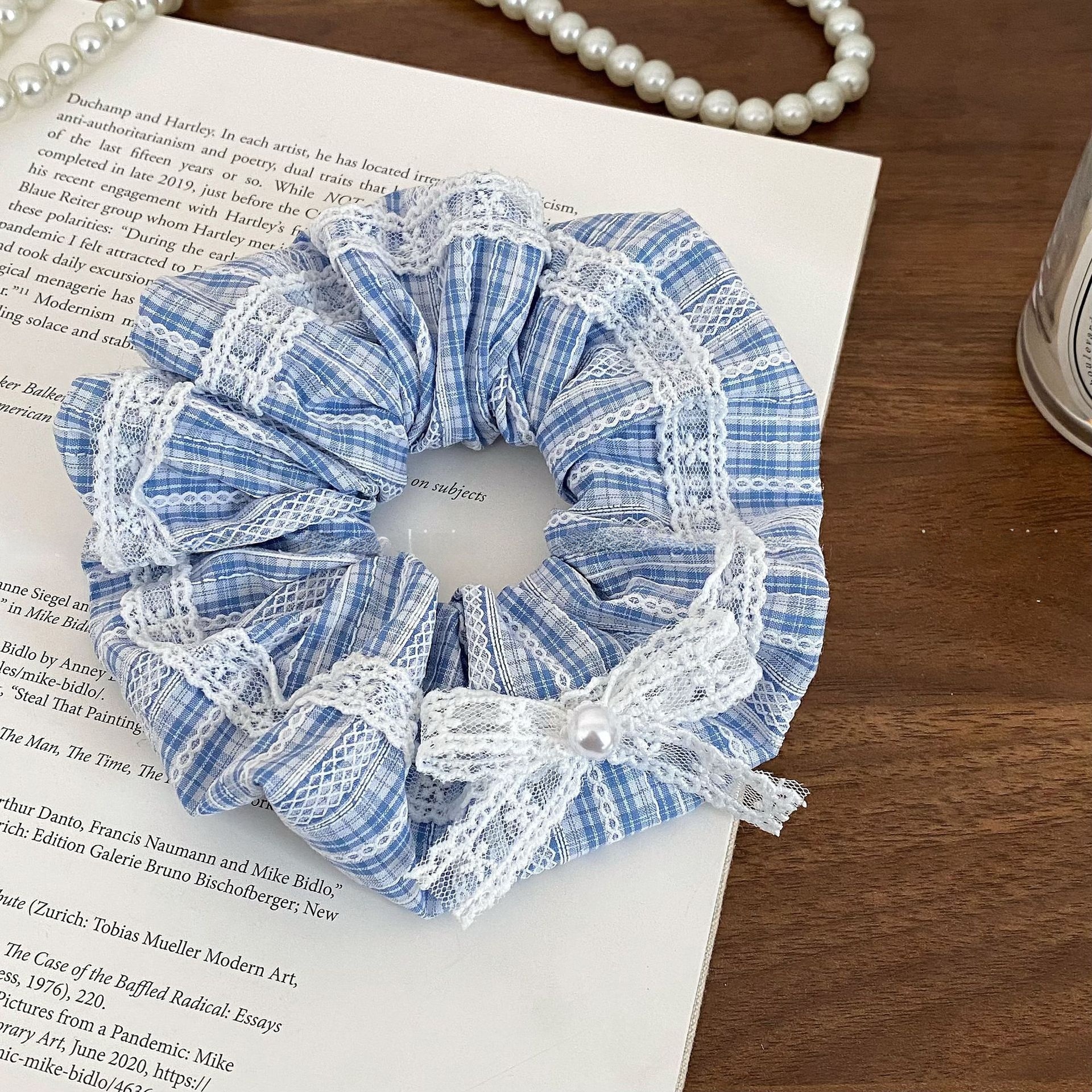 Women's Pearl Lace Bowknot Cloth Hair Scrunchie Blue Checkered