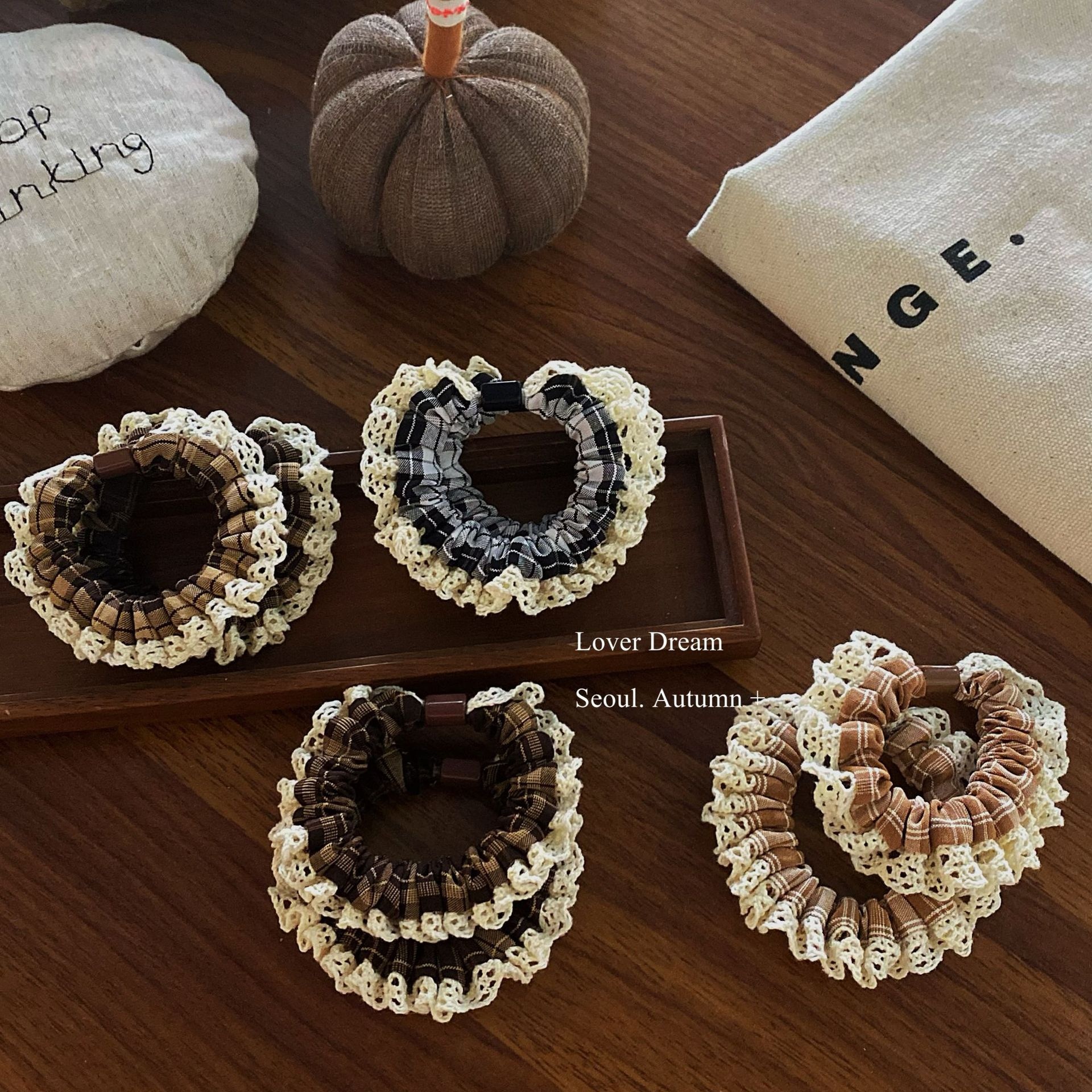 Women's High Elastic Cloth Hair Ties Autumn Winter Plaid Lace Trim
