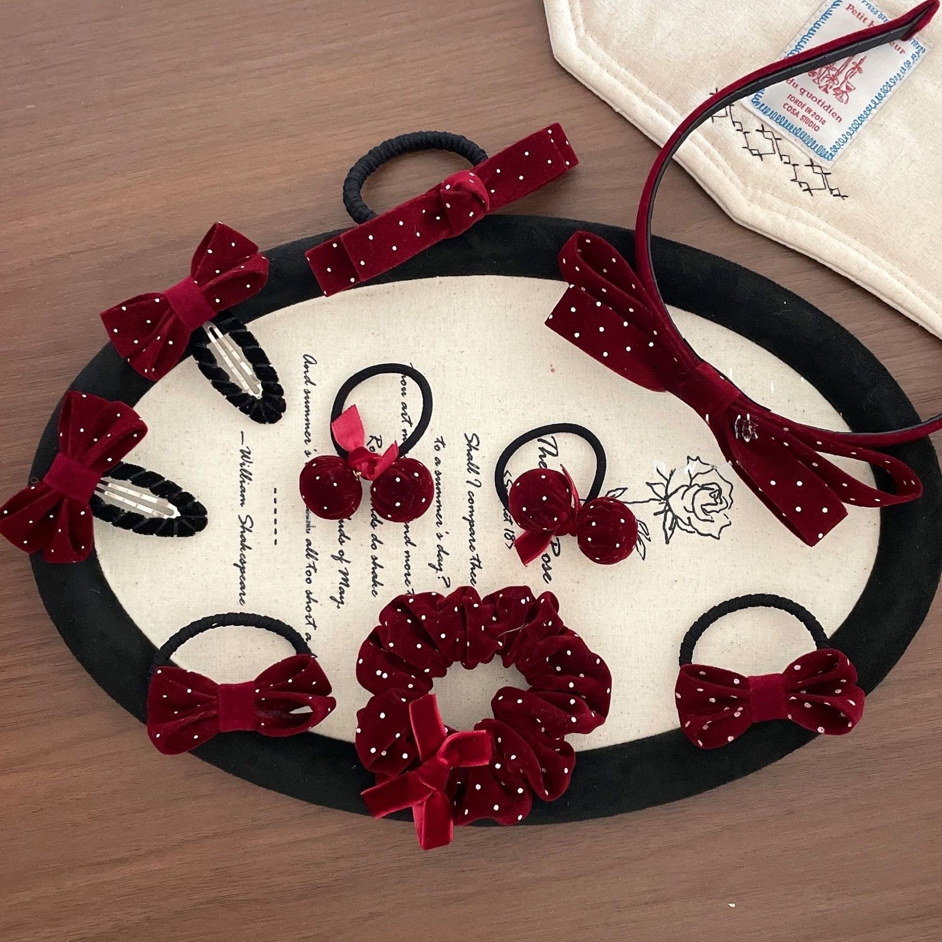 Girls New Year French Flocking Bow Hair Tie Wine Red Polka Dots