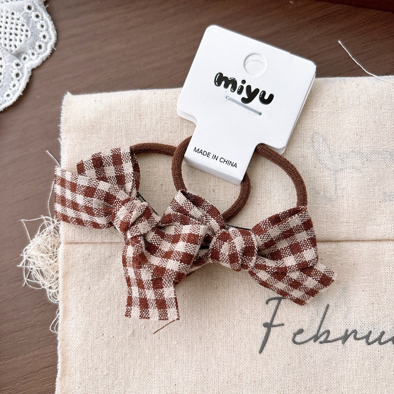 Girls Sweet Cloth Bowknot Hair Ties For Autumn Winter Coffee Plaid