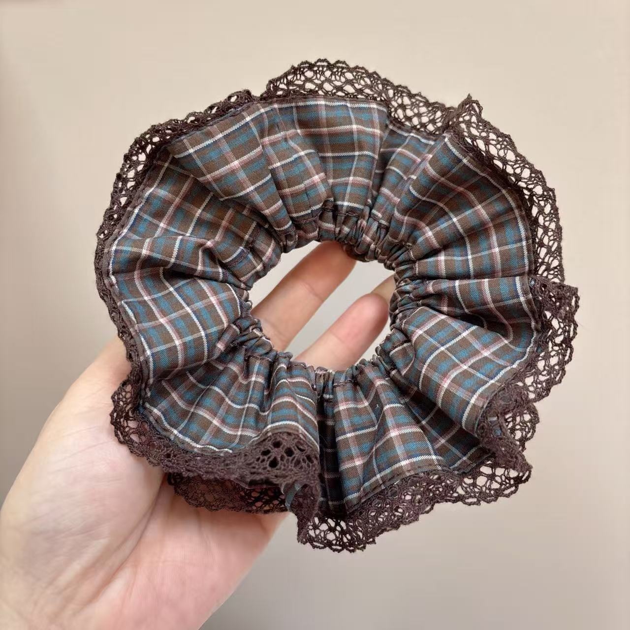 Women's Spring Cloth Hair Tie Scrunchie Coffee British Plaid Lace