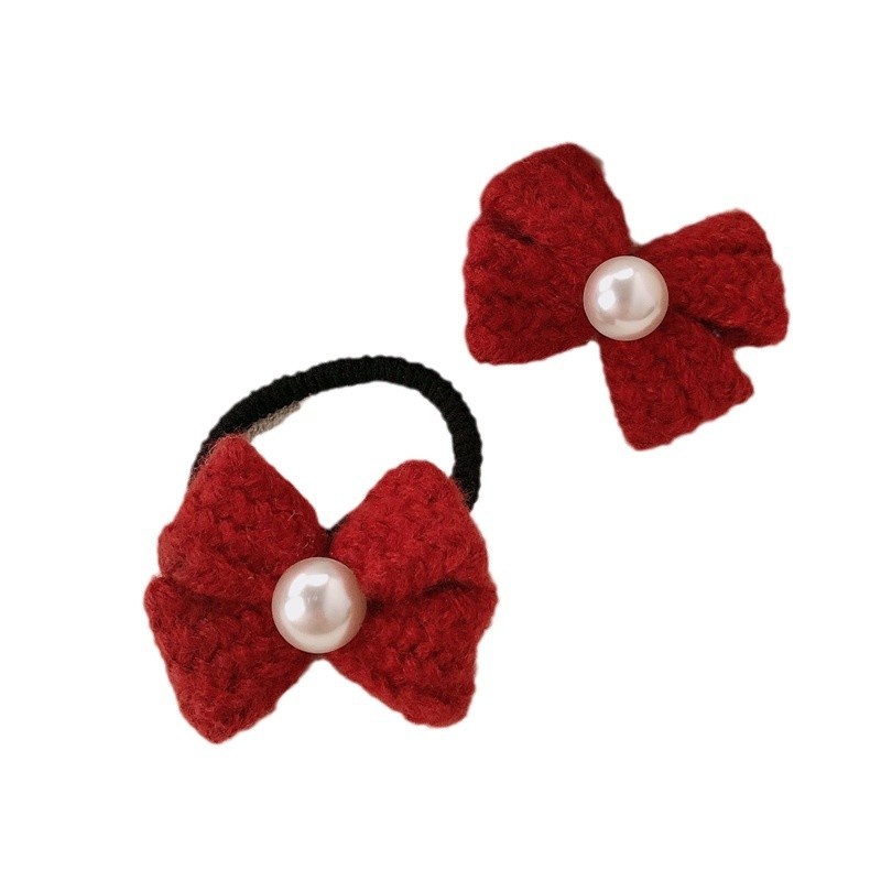 Women's Festive Red Wool Bow Hairband & Pearl Elastic Hair Tie for Winter