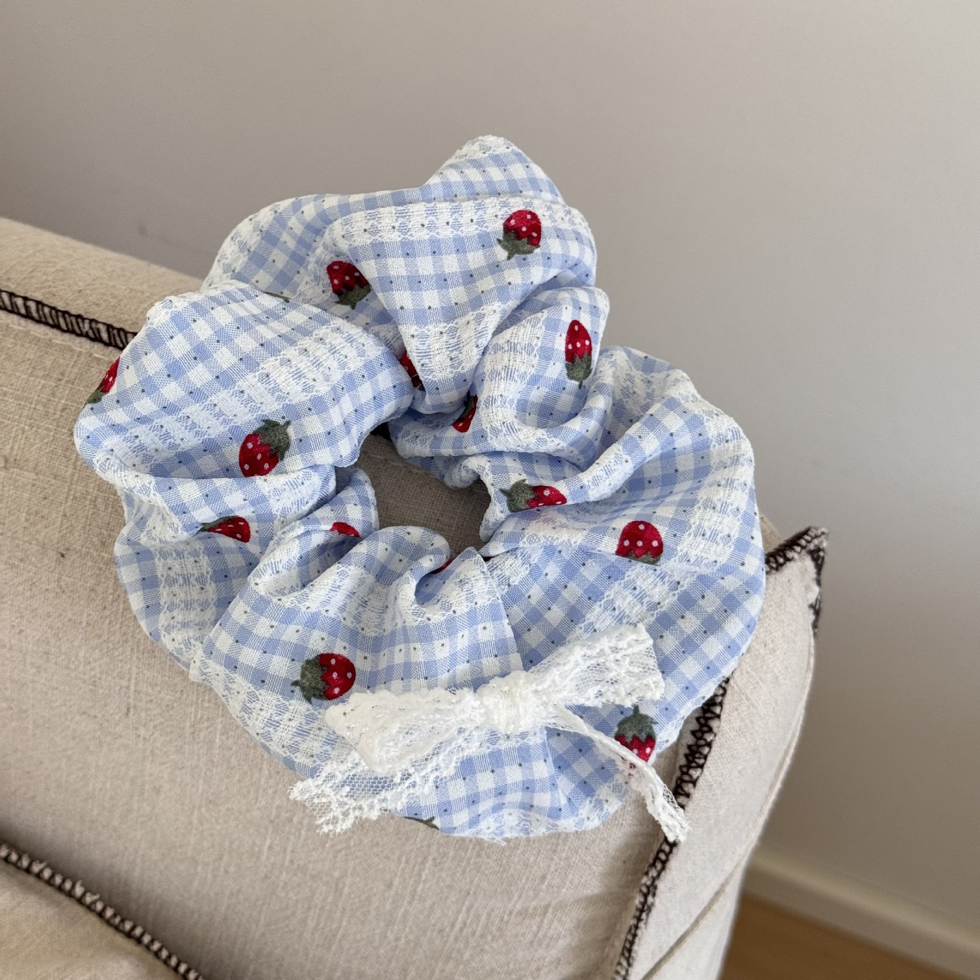 Women's Sweet Strawberry Plaid Lace Bow Scarf Hair Tie Cloth Ponytail Band