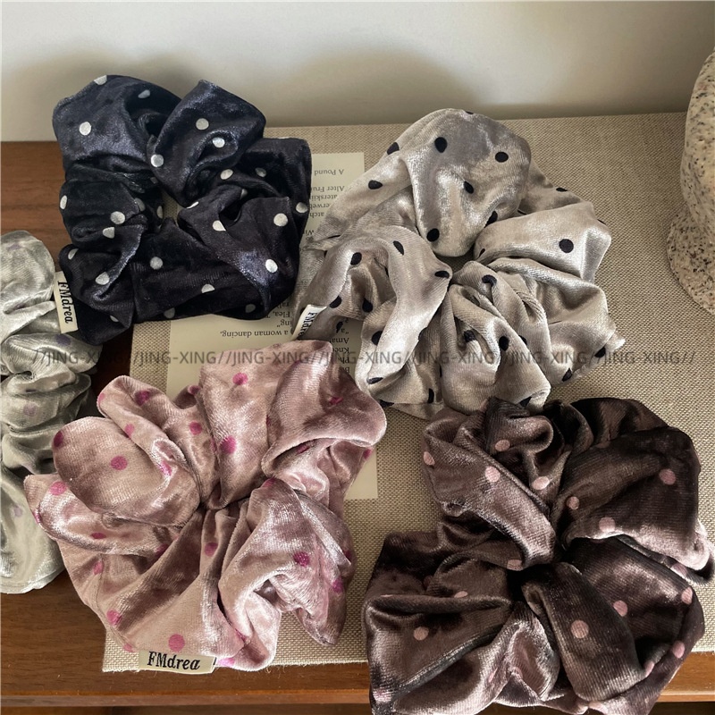 Girls Fashionable Velvet Satin Pleated Hair Scrunchies Polka Dots