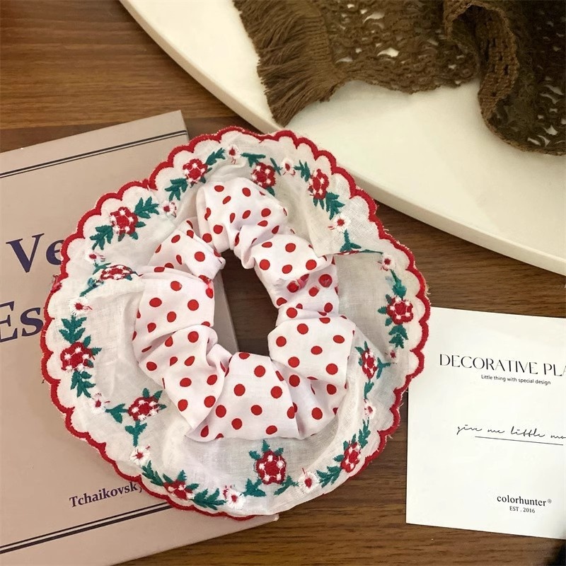 Women's Elegant Cloth Hair Tie, Pastoral Red & White Polka Dot Floral Embroidery