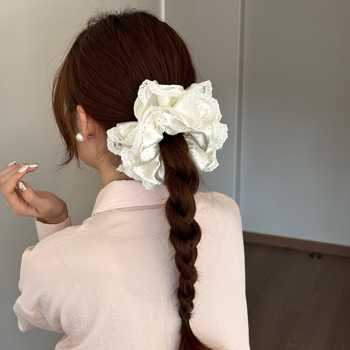 Women's Sweet Spring Satin Lace Hair Tie Scrunchie Beige Polka Dots